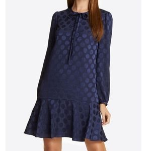 DRAPER JAMES Navy Polka Dot Long Sleeve Flounce Hem Dress